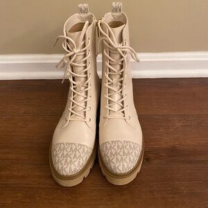 Michael Kors Beige Lace-Up Logo Toe Combat Boots